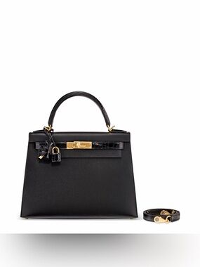 Kelly 25 Sellier GHW Black Epsom Leather Shiny genuine Niloticus Crocodile Touch